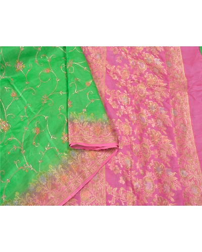 Sanskriti Vintage Green Sarees Pure Silk Embroidered Woven Sari Craft Fabric, PS-60953-Green &amp; Pink-Thread Work-Pure Silk-10