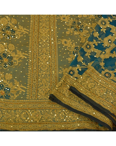 Sanskriti Vintage Teal Sarees Pure Organza Silk Hand Beaded Woven Sari Fabric, PS-60956-Teal-Woven Work-Pure Organza Silk-2