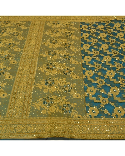 Sanskriti Vintage Teal Sarees Pure Organza Silk Hand Beaded Woven Sari Fabric, PS-60956-Teal-Woven Work-Pure Organza Silk-4