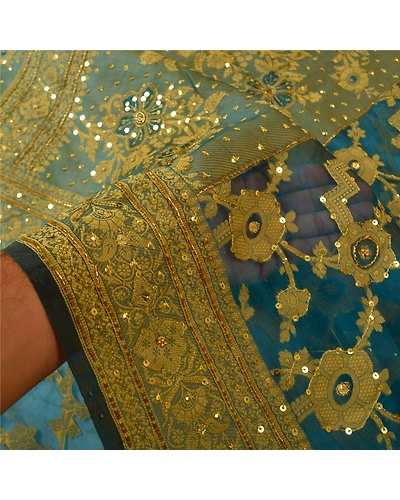 Sanskriti Vintage Teal Sarees Pure Organza Silk Hand Beaded Woven Sari Fabric, PS-60956-Teal-Woven Work-Pure Organza Silk-5