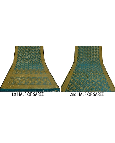 Sanskriti Vintage Teal Sarees Pure Organza Silk Hand Beaded Woven Sari Fabric, PS-60956-Teal-Woven Work-Pure Organza Silk-6