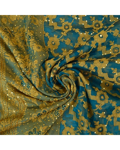 Sanskriti Vintage Teal Sarees Pure Organza Silk Hand Beaded Woven Sari Fabric, PS-60956-Teal-Woven Work-Pure Organza Silk-7