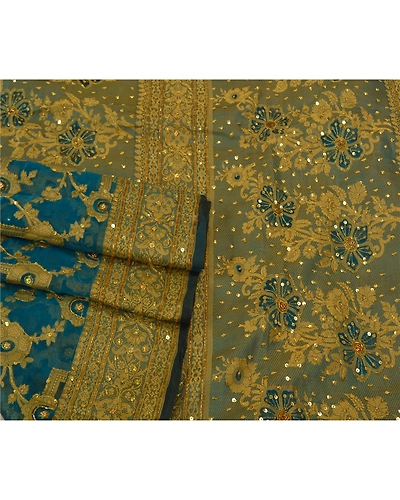 Sanskriti Vintage Teal Sarees Pure Organza Silk Hand Beaded Woven Sari Fabric, PS-60956-Teal-Woven Work-Pure Organza Silk-8