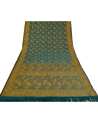 Sanskriti Vintage Teal Sarees Pure Organza Silk Hand Beaded Woven Sari Fabric, PS-60956-Teal-Woven Work-Pure Organza Silk-9