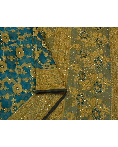 Sanskriti Vintage Teal Sarees Pure Organza Silk Hand Beaded Woven Sari Fabric, PS-60956-Teal-Woven Work-Pure Organza Silk-10