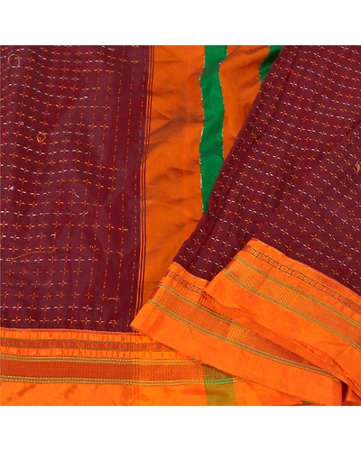 Sanskriti Vintage Sarees Art Silk Hand Embroidered Woven Premium Sari Fabric, PS-60960-Dark Red &amp; Saffron-Woven Work-Art Silk-2