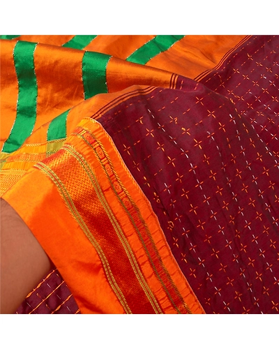 Sanskriti Vintage Sarees Art Silk Hand Embroidered Woven Premium Sari Fabric, PS-60960-Dark Red &amp; Saffron-Woven Work-Art Silk-5