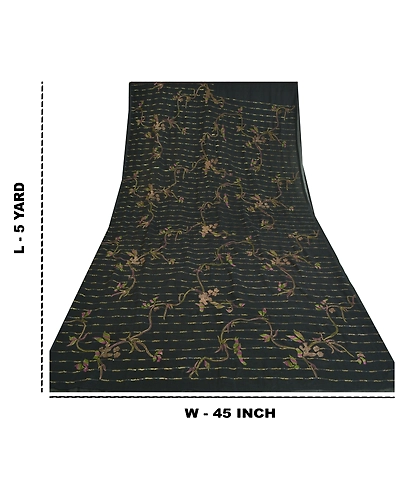 Sanskriti Vintage Black Indian Sarees Chiffon Hand Embroidered Sari Craft Fabric, PS-60962-Black-Sequins Work-Chiffon-1