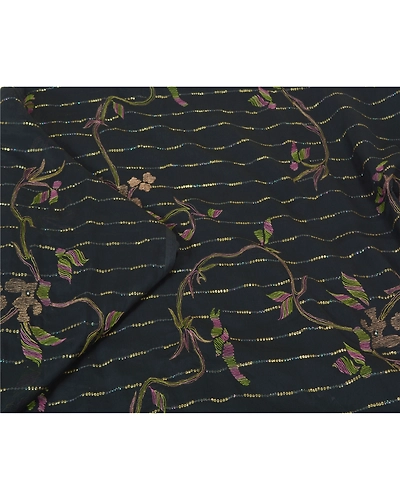 Sanskriti Vintage Black Indian Sarees Chiffon Hand Embroidered Sari Craft Fabric, PS-60962-Black-Sequins Work-Chiffon-2