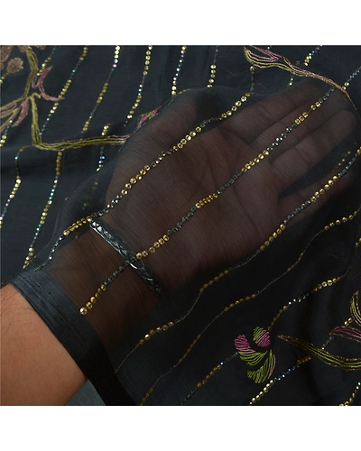 Sanskriti Vintage Black Indian Sarees Chiffon Hand Embroidered Sari Craft Fabric, PS-60962-Black-Sequins Work-Chiffon-5