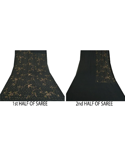 Sanskriti Vintage Black Indian Sarees Chiffon Hand Embroidered Sari Craft Fabric, PS-60962-Black-Sequins Work-Chiffon-6