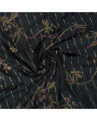 Sanskriti Vintage Black Indian Sarees Chiffon Hand Embroidered Sari Craft Fabric, PS-60962-Black-Sequins Work-Chiffon-7