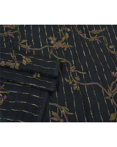 Sanskriti Vintage Black Indian Sarees Chiffon Hand Embroidered Sari Craft Fabric, PS-60962-Black-Sequins Work-Chiffon-8