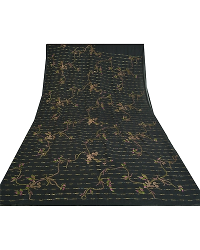 Sanskriti Vintage Black Indian Sarees Chiffon Hand Embroidered Sari Craft Fabric, PS-60962-Black-Sequins Work-Chiffon-9