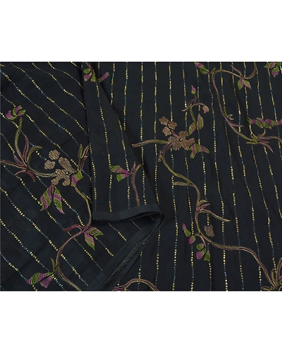 Sanskriti Vintage Black Indian Sarees Chiffon Hand Embroidered Sari Craft Fabric, PS-60962-Black-Sequins Work-Chiffon-10