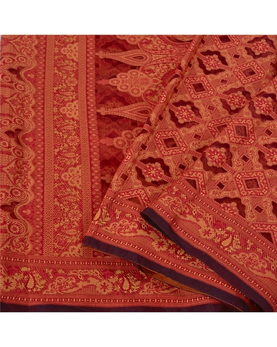 Sanskriti Vintage Rusty Orange Sarees Pure Organza Silk Woven Sari Craft Fabric, PS-60968-Rusty Orange-Woven Work-Pure Organza Silk-2