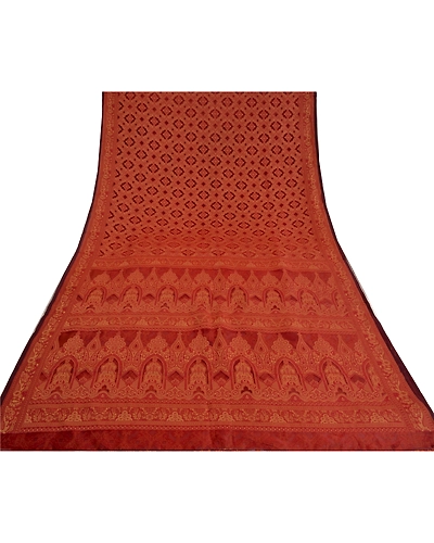 Sanskriti Vintage Rusty Orange Sarees Pure Organza Silk Woven Sari Craft Fabric, PS-60968-Rusty Orange-Woven Work-Pure Organza Silk-9