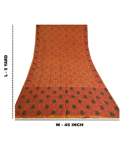 Sanskriti Vintage Saffron Sarees 100% Pure Silk Hand Beaded Kantha Sari Fabric, PS-60972-Saffron-Thread Work-Pure Silk-1