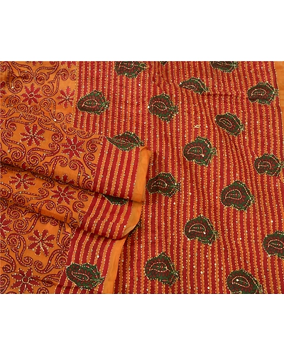 Sanskriti Vintage Saffron Sarees 100% Pure Silk Hand Beaded Kantha Sari Fabric, PS-60972-Saffron-Thread Work-Pure Silk-2