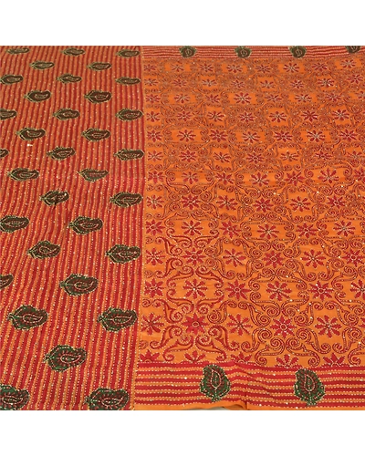 Sanskriti Vintage Saffron Sarees 100% Pure Silk Hand Beaded Kantha Sari Fabric, PS-60972-Saffron-Thread Work-Pure Silk-4