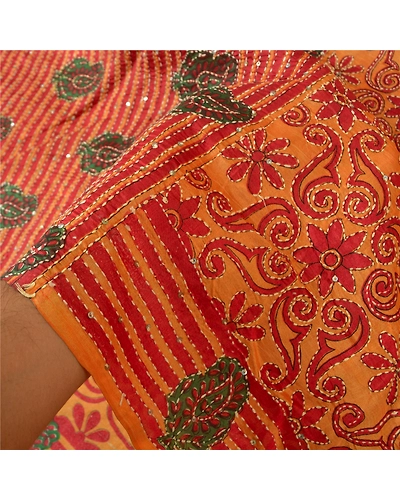 Sanskriti Vintage Saffron Sarees 100% Pure Silk Hand Beaded Kantha Sari Fabric, PS-60972-Saffron-Thread Work-Pure Silk-5