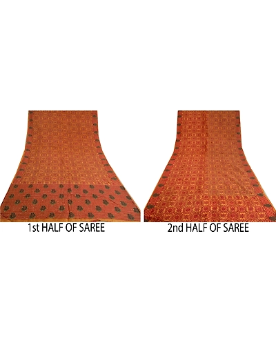 Sanskriti Vintage Saffron Sarees 100% Pure Silk Hand Beaded Kantha Sari Fabric, PS-60972-Saffron-Thread Work-Pure Silk-6