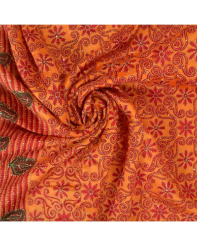 Sanskriti Vintage Saffron Sarees 100% Pure Silk Hand Beaded Kantha Sari Fabric, PS-60972-Saffron-Thread Work-Pure Silk-7