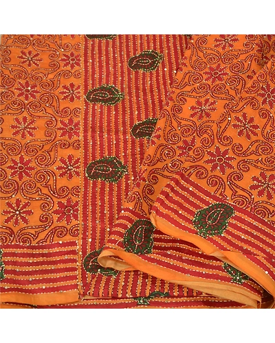Sanskriti Vintage Saffron Sarees 100% Pure Silk Hand Beaded Kantha Sari Fabric, PS-60972-Saffron-Thread Work-Pure Silk-8