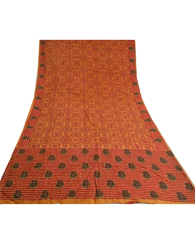 Sanskriti Vintage Saffron Sarees 100% Pure Silk Hand Beaded Kantha Sari Fabric, PS-60972-Saffron-Thread Work-Pure Silk-9