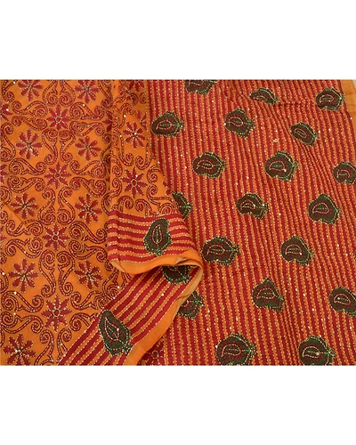 Sanskriti Vintage Saffron Sarees 100% Pure Silk Hand Beaded Kantha Sari Fabric, PS-60972-Saffron-Thread Work-Pure Silk-10