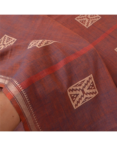 Sanskriti Vintage Sarees 100% Pure Cotton Hand- Woven Tant Premium Sari Fabric, PS-60978-Shade Of Orange &amp; Blue-Woven Work-Pure Cotton-5