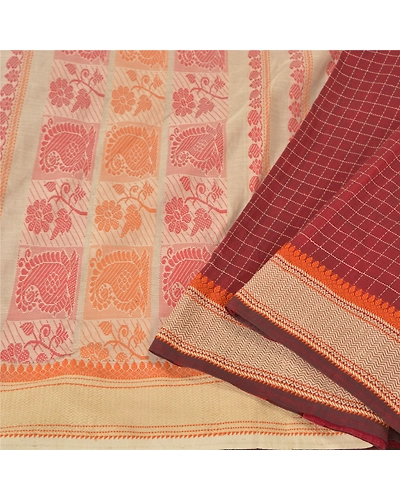 Sanskriti Vintage Dark Red Sarees Cotton Woven Premium Sari Craft 5 Yard Fabric, PS-60988-Dark Red &amp; Ivory-Woven Work-Cotton-2