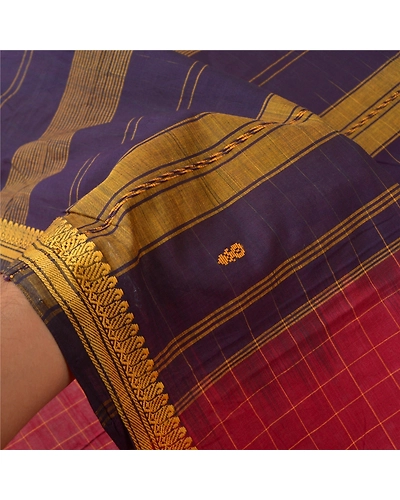 Sanskriti Vintage Purple Sarees 100% Pure Cotton Hand-Woven Premium Sari Fabric, PS-61001-Purple &amp; Dark Red-Woven Work-Blend Cotton-5