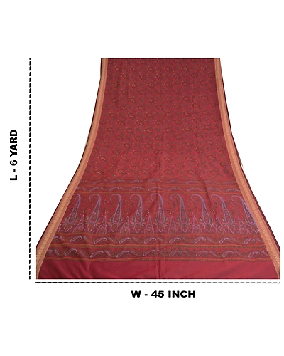 Sanskriti Vintage Dark Red Sarees Art Silk Block Printed Sari Craft 5 Yd Fabric, PS-61005-Dark Red-Block Printed Work-Art Silk-1