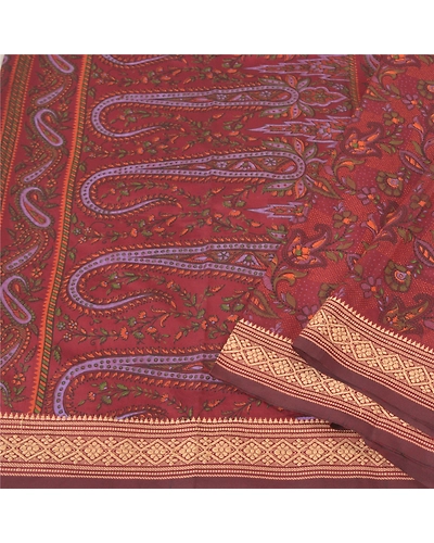 Sanskriti Vintage Dark Red Sarees Art Silk Block Printed Sari Craft 5 Yd Fabric, PS-61005-Dark Red-Block Printed Work-Art Silk-2