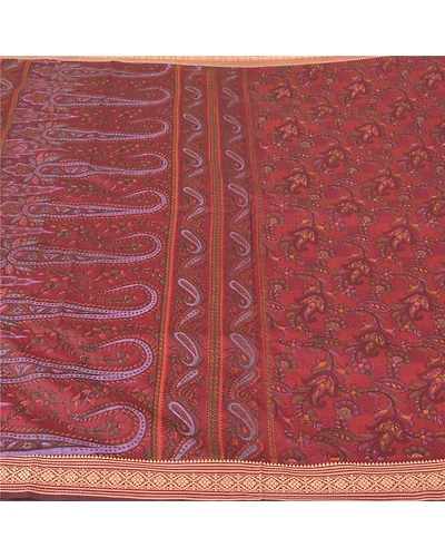 Sanskriti Vintage Dark Red Sarees Art Silk Block Printed Sari Craft 5 Yd Fabric, PS-61005-Dark Red-Block Printed Work-Art Silk-4