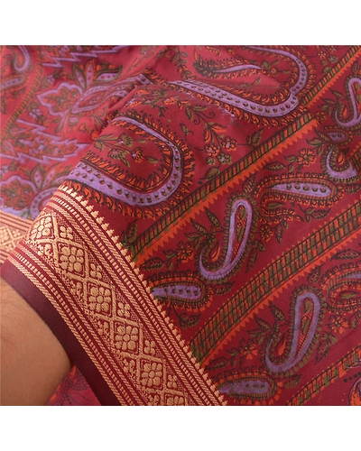 Sanskriti Vintage Dark Red Sarees Art Silk Block Printed Sari Craft 5 Yd Fabric, PS-61005-Dark Red-Block Printed Work-Art Silk-5