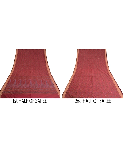 Sanskriti Vintage Dark Red Sarees Art Silk Block Printed Sari Craft 5 Yd Fabric, PS-61005-Dark Red-Block Printed Work-Art Silk-6
