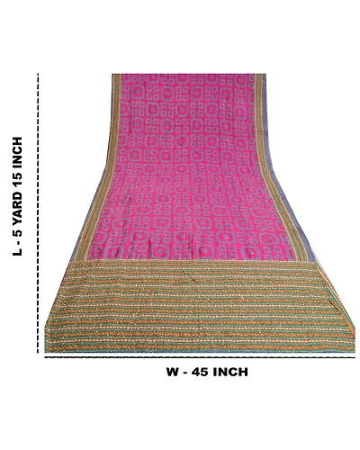 Sanskriti Vintage Pink Sarees 100% Pure Silk Hand Beaded Kantha Sari Fabric, PS-61015-Pink &amp; Green-Thread Work-Pure Silk-1