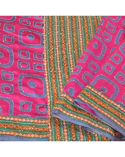 Sanskriti Vintage Pink Sarees 100% Pure Silk Hand Beaded Kantha Sari Fabric, PS-61015-Pink &amp; Green-Thread Work-Pure Silk-2