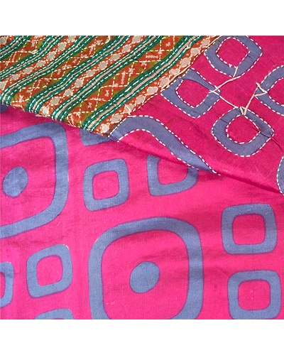Sanskriti Vintage Pink Sarees 100% Pure Silk Hand Beaded Kantha Sari Fabric, PS-61015-Pink &amp; Green-Thread Work-Pure Silk-3