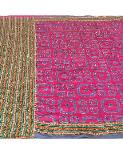 Sanskriti Vintage Pink Sarees 100% Pure Silk Hand Beaded Kantha Sari Fabric, PS-61015-Pink &amp; Green-Thread Work-Pure Silk-4