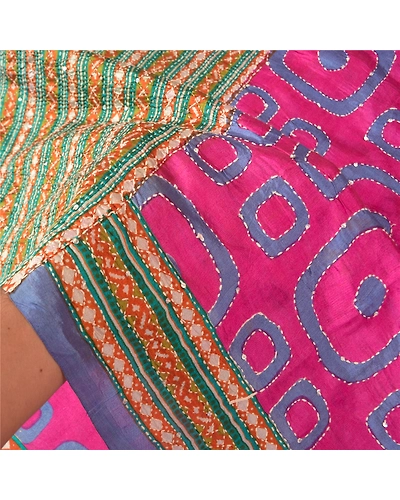 Sanskriti Vintage Pink Sarees 100% Pure Silk Hand Beaded Kantha Sari Fabric, PS-61015-Pink &amp; Green-Thread Work-Pure Silk-5