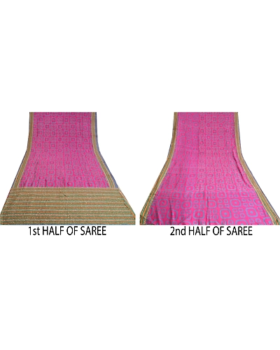 Sanskriti Vintage Pink Sarees 100% Pure Silk Hand Beaded Kantha Sari Fabric, PS-61015-Pink &amp; Green-Thread Work-Pure Silk-6
