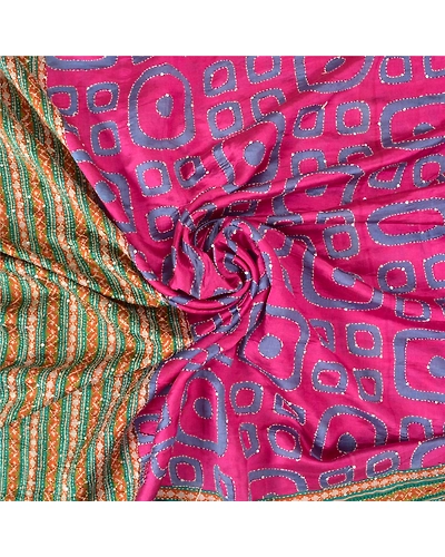 Sanskriti Vintage Pink Sarees 100% Pure Silk Hand Beaded Kantha Sari Fabric, PS-61015-Pink &amp; Green-Thread Work-Pure Silk-7