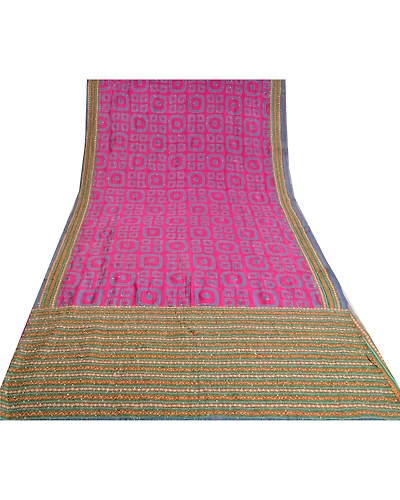 Sanskriti Vintage Pink Sarees 100% Pure Silk Hand Beaded Kantha Sari Fabric, PS-61015-Pink &amp; Green-Thread Work-Pure Silk-9