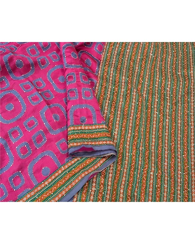 Sanskriti Vintage Pink Sarees 100% Pure Silk Hand Beaded Kantha Sari Fabric, PS-61015-Pink &amp; Green-Thread Work-Pure Silk-10