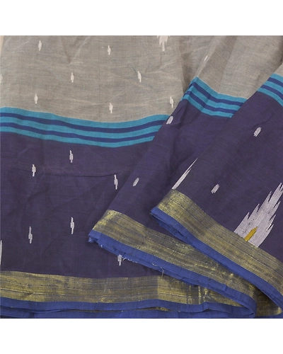 Sanskriti Vintage Grey Indian Sarees Pure Cotton Hand-Woven Tant Sari Fabric, PS-61016-Grey &amp; Blue-Woven Work-Pure Cotton-2