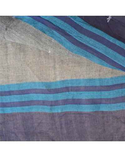 Sanskriti Vintage Grey Indian Sarees Pure Cotton Hand-Woven Tant Sari Fabric, PS-61016-Grey &amp; Blue-Woven Work-Pure Cotton-3