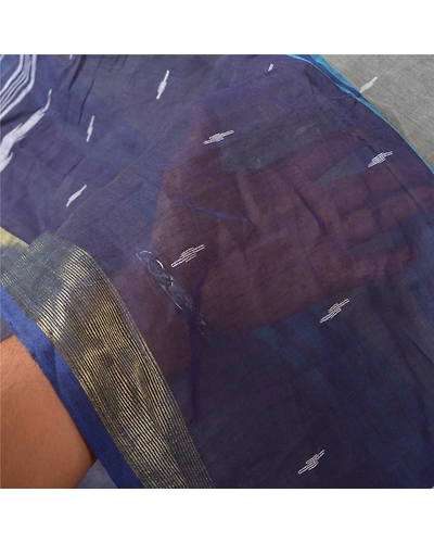 Sanskriti Vintage Grey Indian Sarees Pure Cotton Hand-Woven Tant Sari Fabric, PS-61016-Grey &amp; Blue-Woven Work-Pure Cotton-5